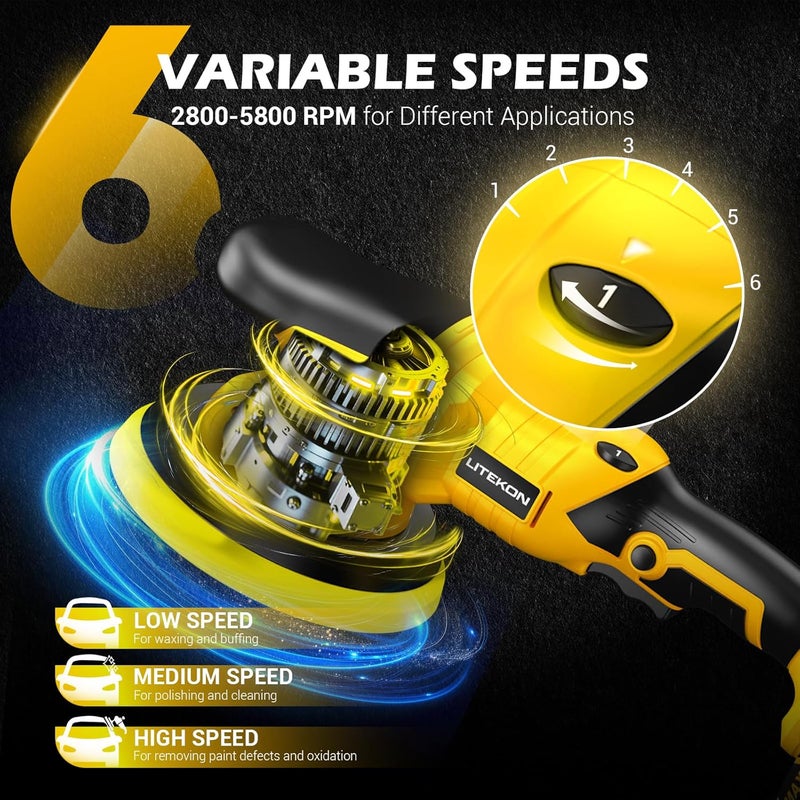 LITEKON Cordless Buffer Polisher Kit Compatible With De-Walt 20V Battery(No Battery), 2800-5800RPM High Power Orbital Car Polisher with Variable Speed, 21PCS Polishing Accessories, for Car Polishing/Waxing - Image 4
